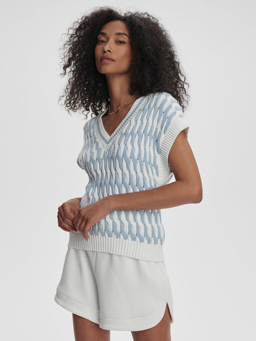 Alfie Cable Knit Vest White Celestial Blue - Varley